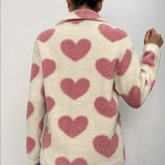 Teddy coat Sherpa jacket heart cream pink fuzzy warm collar winter - Picture 5 of 8